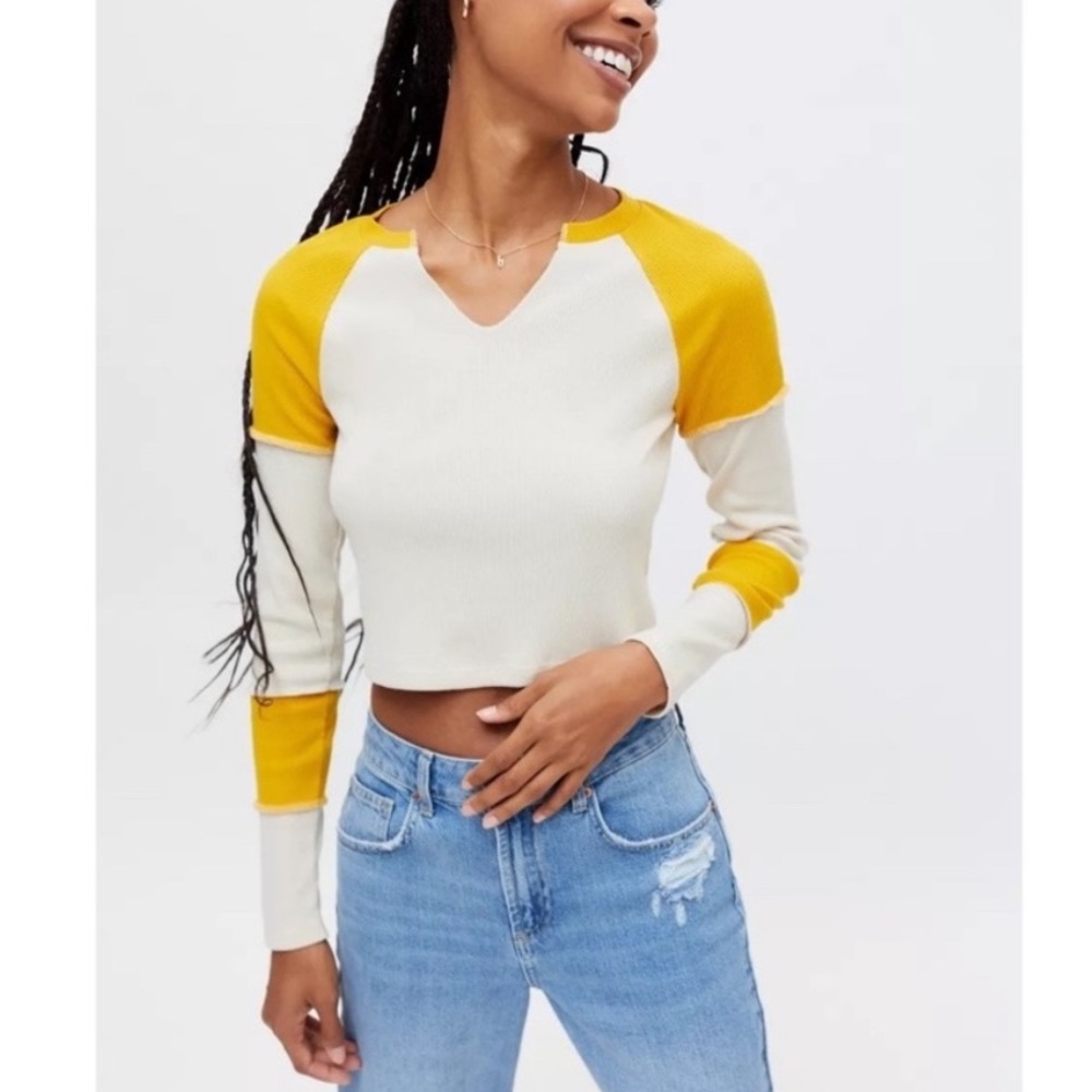 UO x BDG Carmen Colorblock Patchwork Yellow Cream Long Sleeve Crop Top Shirt XS